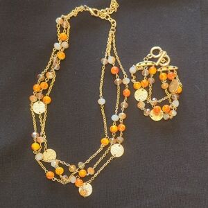 Chic Gold and Orange Beaded Necklace Set